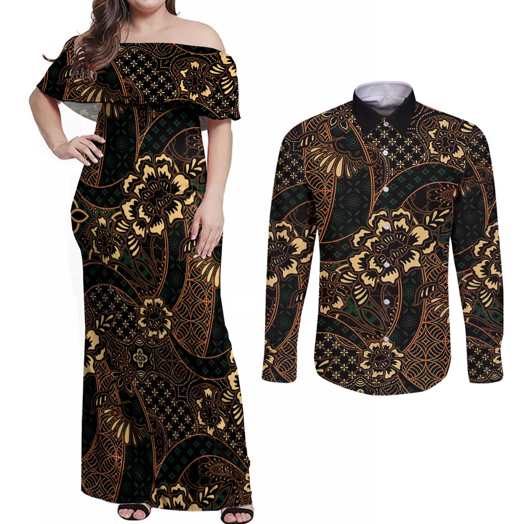 Indonesian Batik Pattern Vintage Brown Couples Matching Off Shoulder Maxi Dress and Long Sleeve Button Shirt