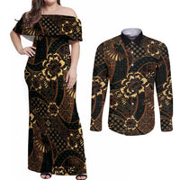 Indonesian Batik Pattern Vintage Brown Couples Matching Off Shoulder Maxi Dress and Long Sleeve Button Shirt