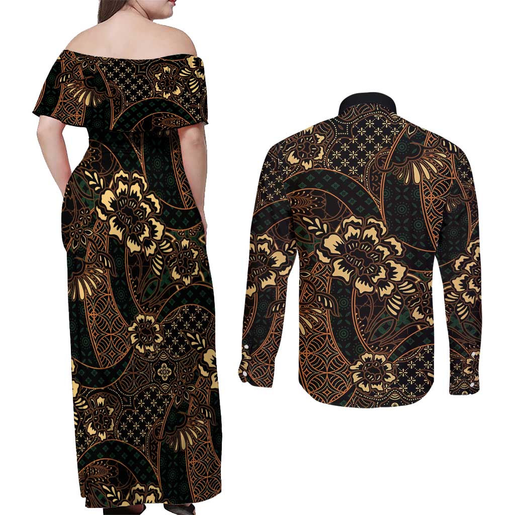 Indonesian Batik Pattern Vintage Brown Couples Matching Off Shoulder Maxi Dress and Long Sleeve Button Shirt