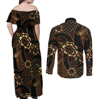 Indonesian Batik Pattern Vintage Brown Couples Matching Off Shoulder Maxi Dress and Long Sleeve Button Shirt