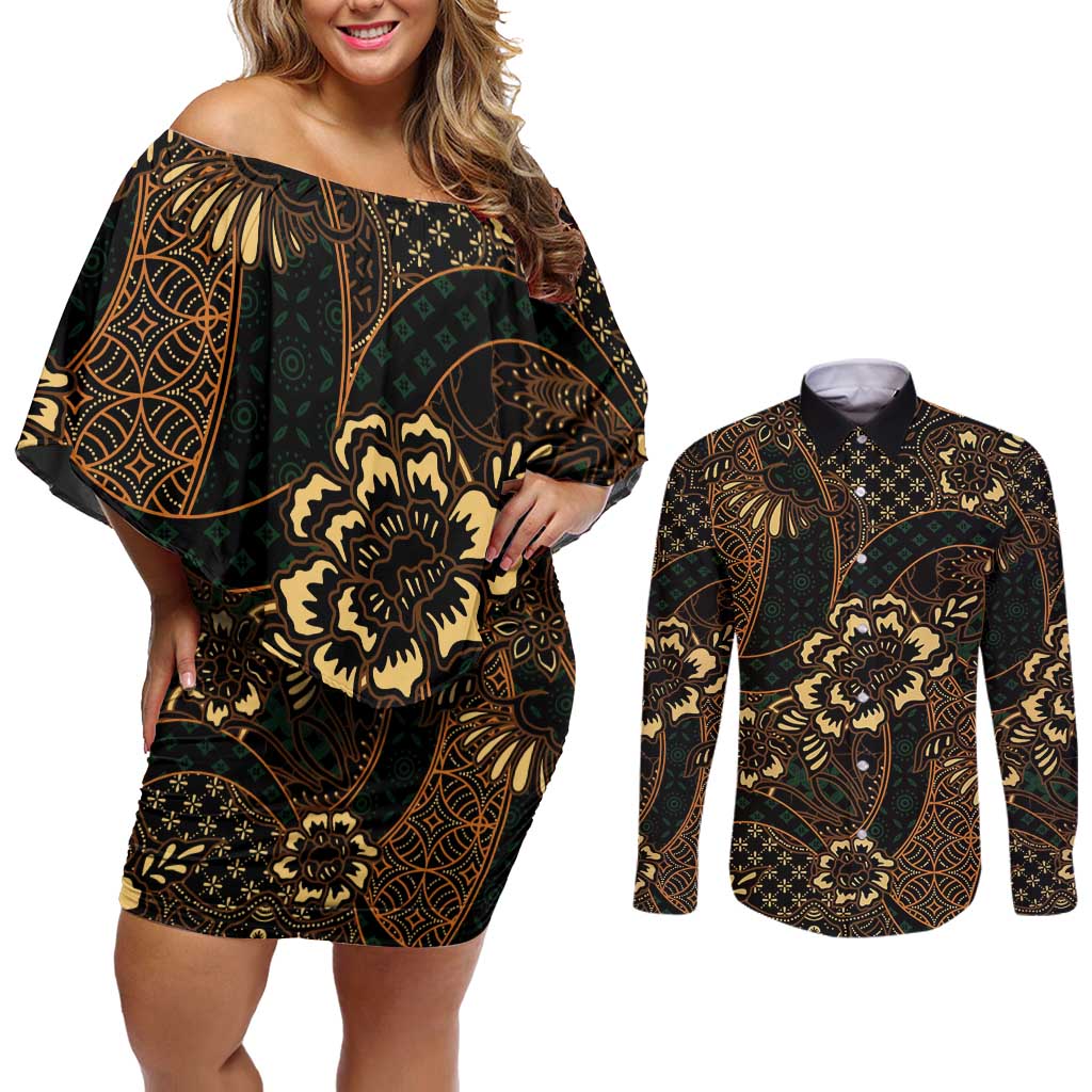 Indonesian Batik Pattern Vintage Brown Couples Matching Off Shoulder Short Dress and Long Sleeve Button Shirt
