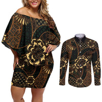 Indonesian Batik Pattern Vintage Brown Couples Matching Off Shoulder Short Dress and Long Sleeve Button Shirt