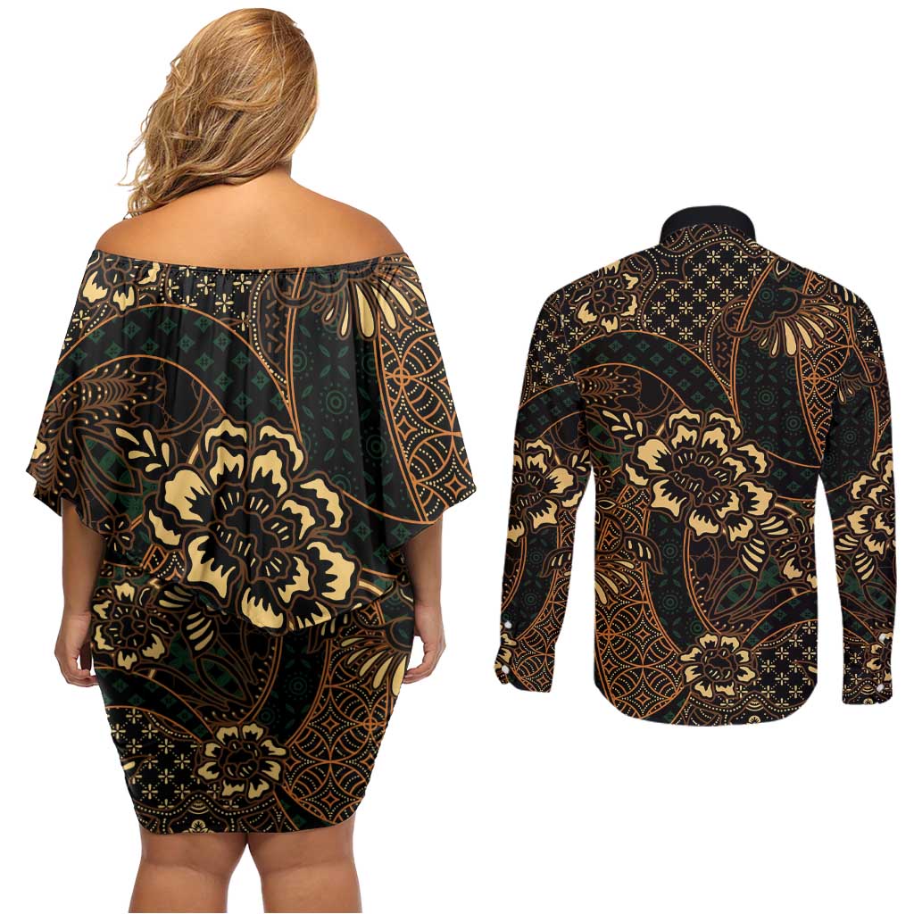 Indonesian Batik Pattern Vintage Brown Couples Matching Off Shoulder Short Dress and Long Sleeve Button Shirt