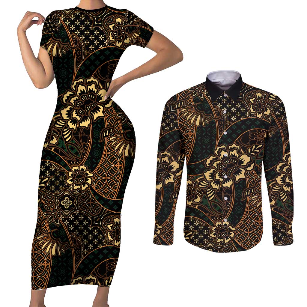 Indonesian Batik Pattern Vintage Brown Couples Matching Short Sleeve Bodycon Dress and Long Sleeve Button Shirt