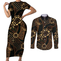 Indonesian Batik Pattern Vintage Brown Couples Matching Short Sleeve Bodycon Dress and Long Sleeve Button Shirt