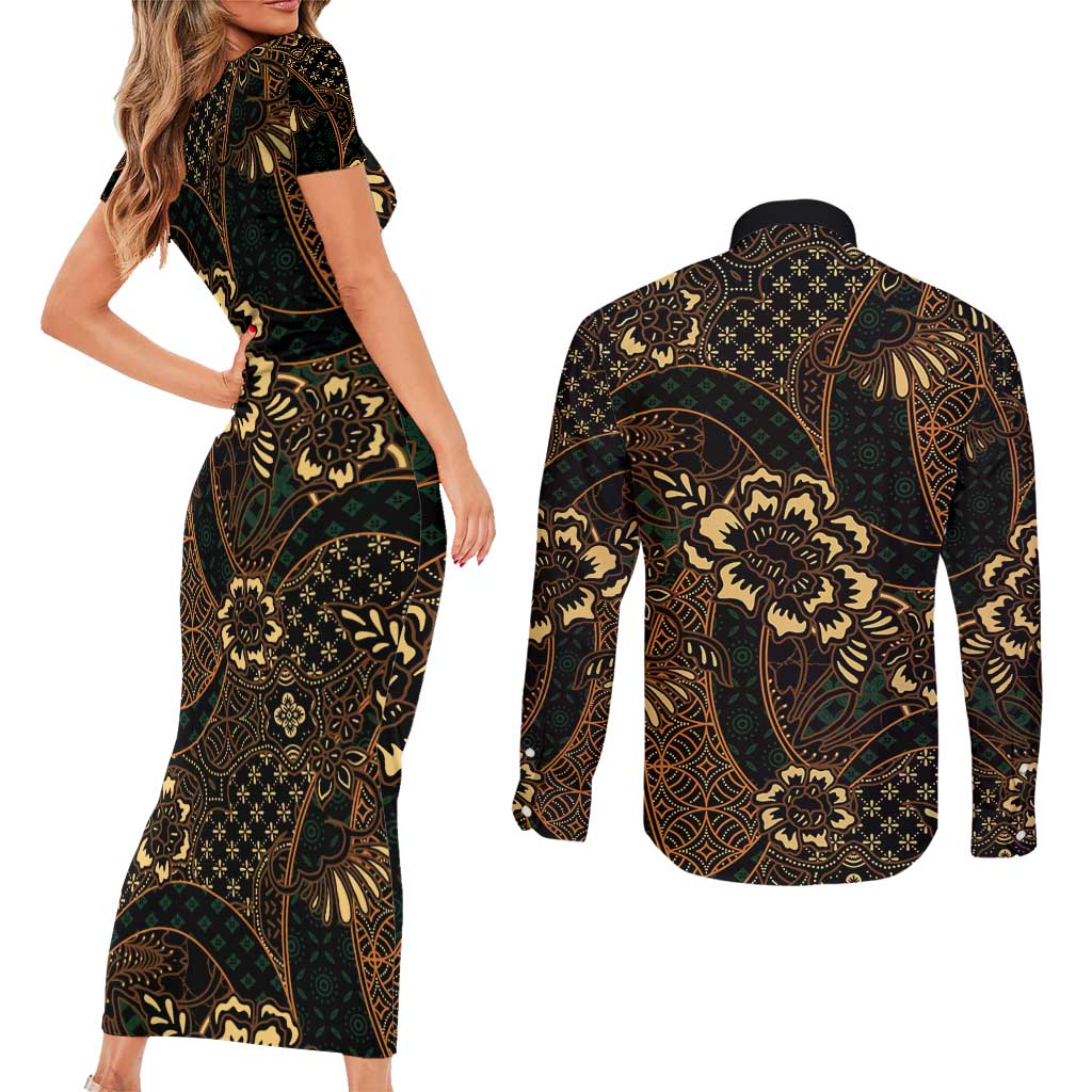 Indonesian Batik Pattern Vintage Brown Couples Matching Short Sleeve Bodycon Dress and Long Sleeve Button Shirt