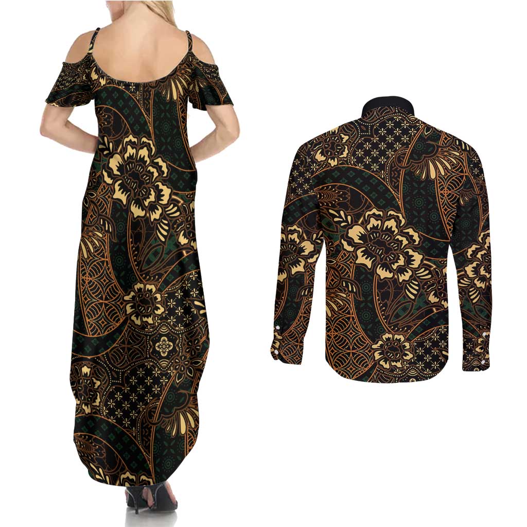 Indonesian Batik Pattern Vintage Brown Couples Matching Summer Maxi Dress and Long Sleeve Button Shirt