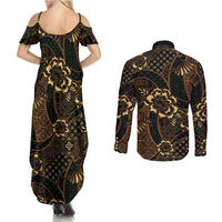 Indonesian Batik Pattern Vintage Brown Couples Matching Summer Maxi Dress and Long Sleeve Button Shirt