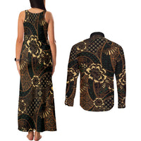 Indonesian Batik Pattern Vintage Brown Couples Matching Tank Maxi Dress and Long Sleeve Button Shirt