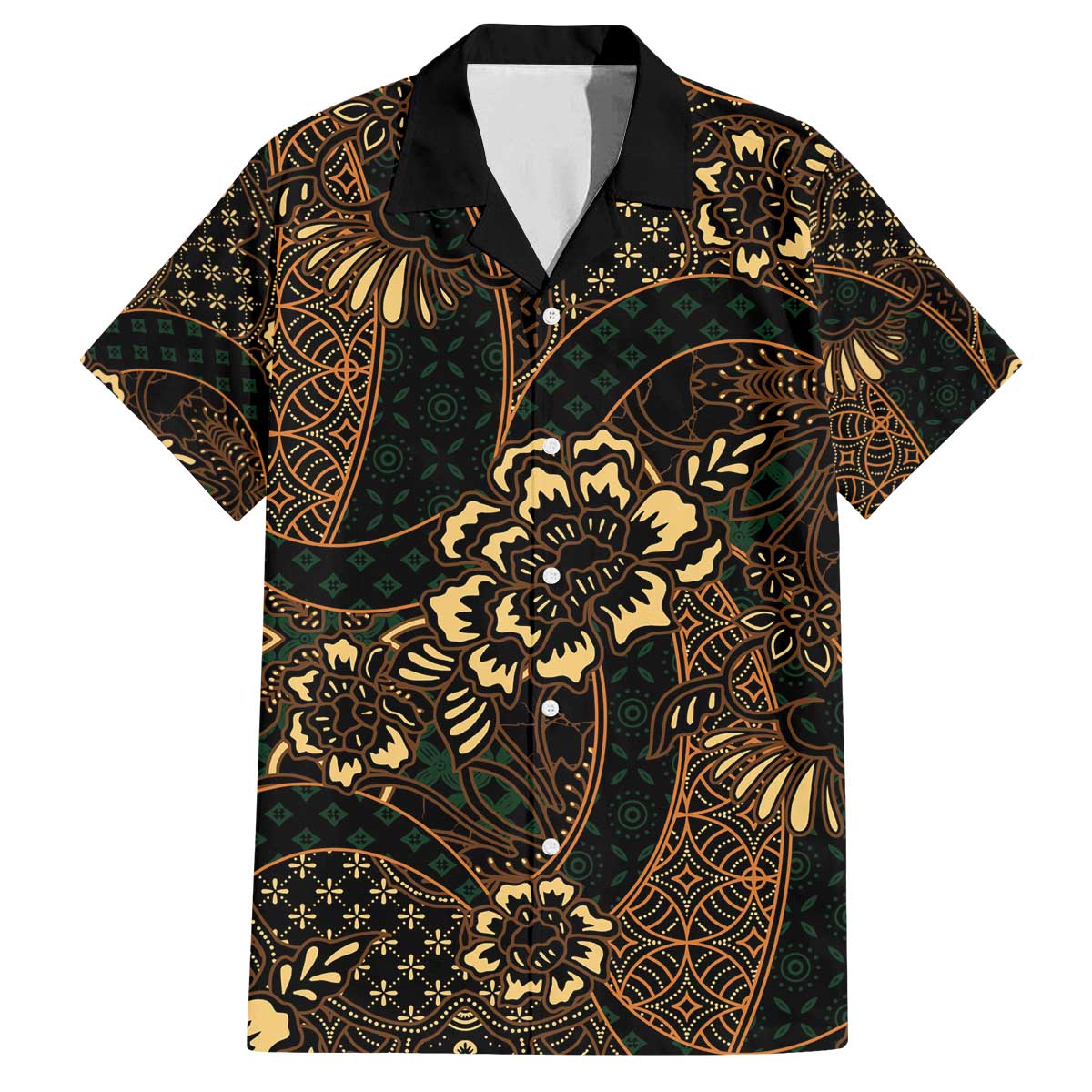 Indonesian Batik Pattern Vintage Brown Family Matching Off The Shoulder Long Sleeve Dress and Hawaiian Shirt