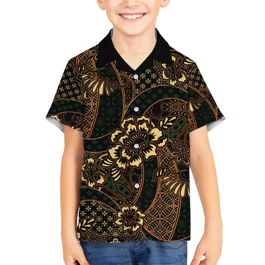 Indonesian Batik Pattern Vintage Brown Family Matching Off Shoulder Maxi Dress and Hawaiian Shirt