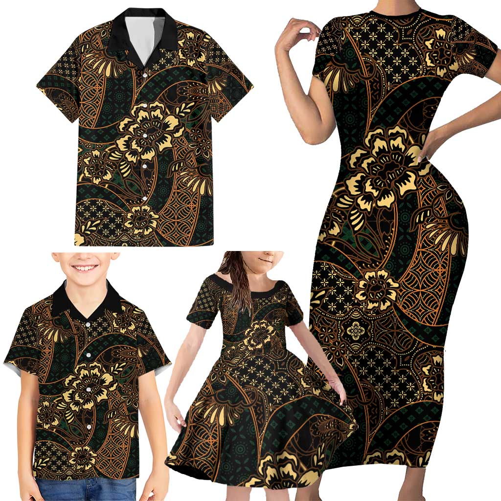 Indonesian Batik Pattern Vintage Brown Family Matching Short Sleeve Bodycon Dress and Hawaiian Shirt
