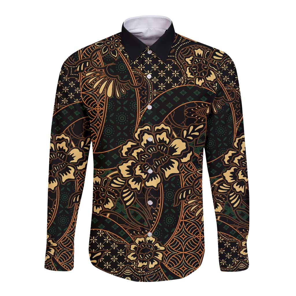 Indonesian Batik Pattern Vintage Brown Long Sleeve Button Shirt