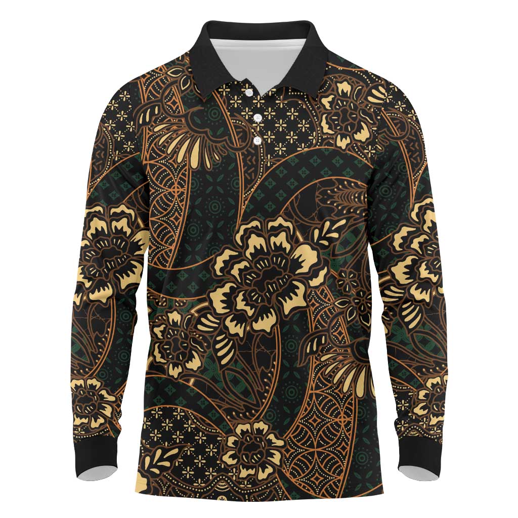 Indonesian Batik Pattern Vintage Brown Long Sleeve Polo Shirt