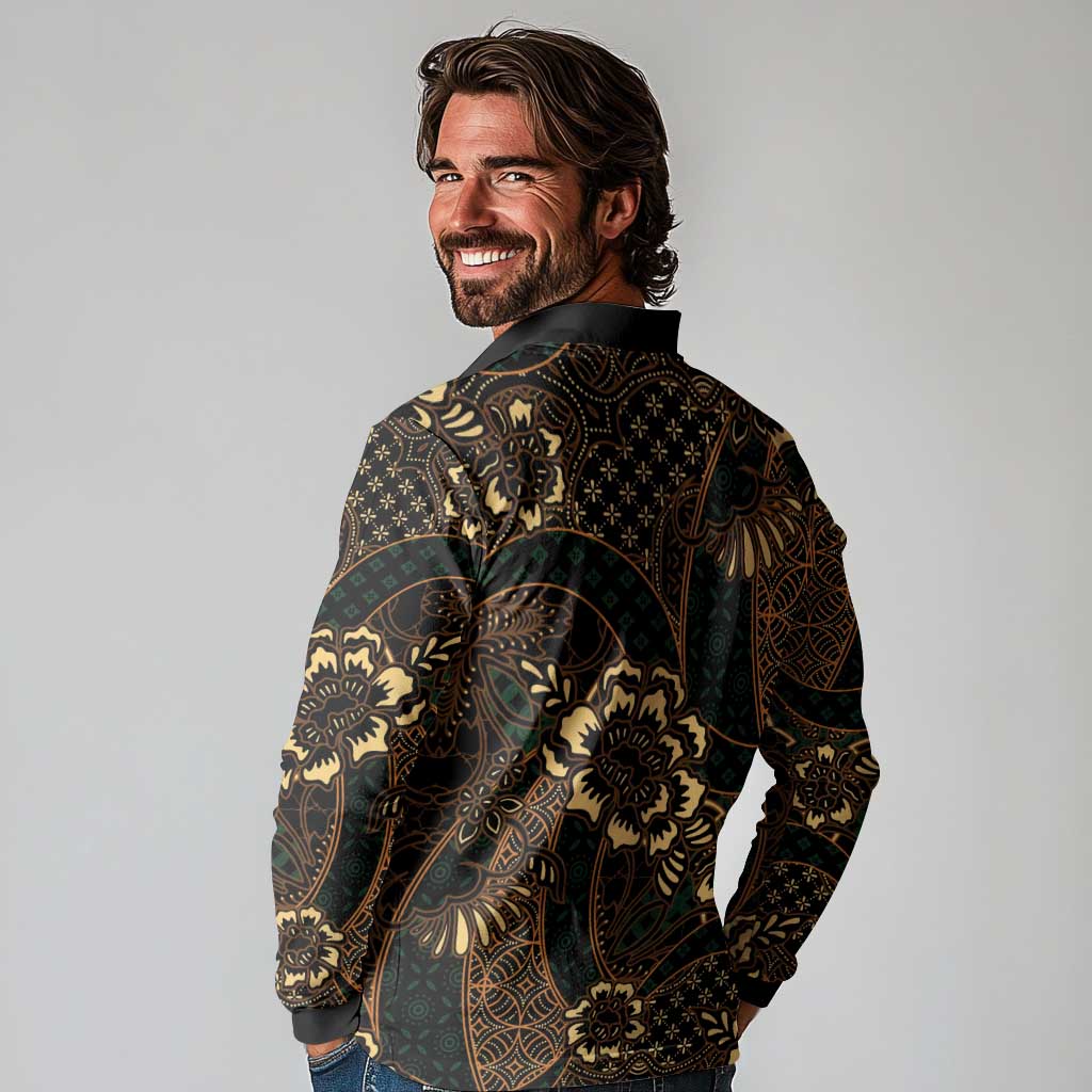 Indonesian Batik Pattern Vintage Brown Long Sleeve Polo Shirt