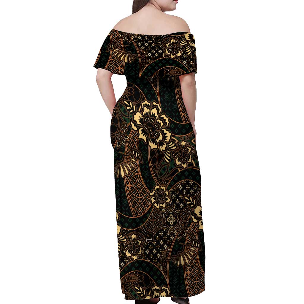 Indonesian Batik Pattern Vintage Brown Off Shoulder Maxi Dress
