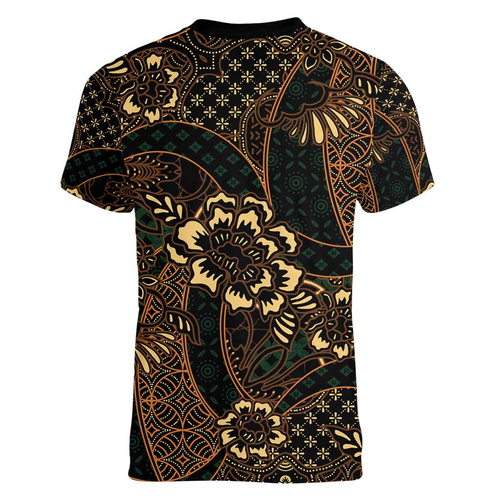 Indonesian Batik Pattern Vintage Brown Women V-Neck T-Shirt