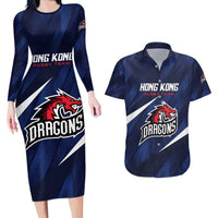 Custom Hong Kong Rugby Couples Matching Long Sleeve Bodycon Dress and Hawaiian Shirt Dragons Go Champions