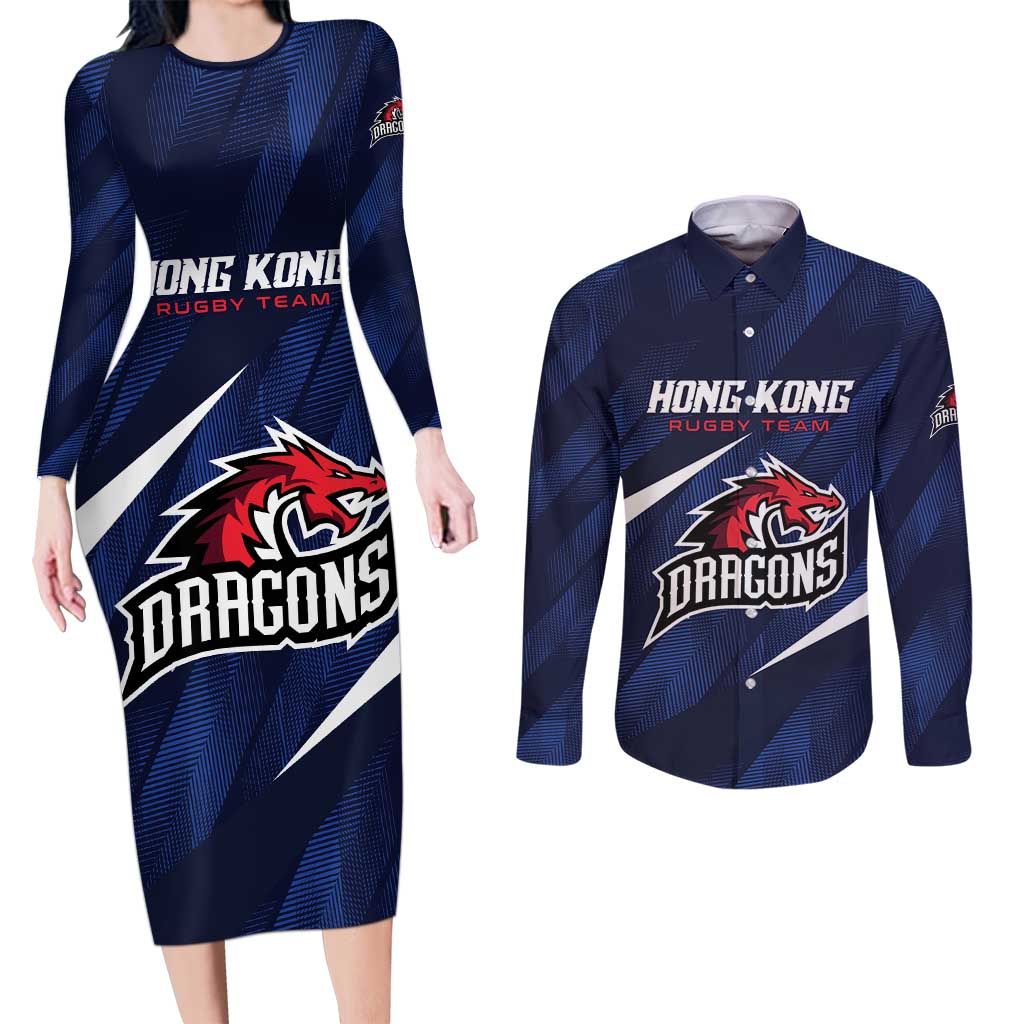 Custom Hong Kong Rugby Couples Matching Long Sleeve Bodycon Dress and Long Sleeve Button Shirt Dragons Go Champions