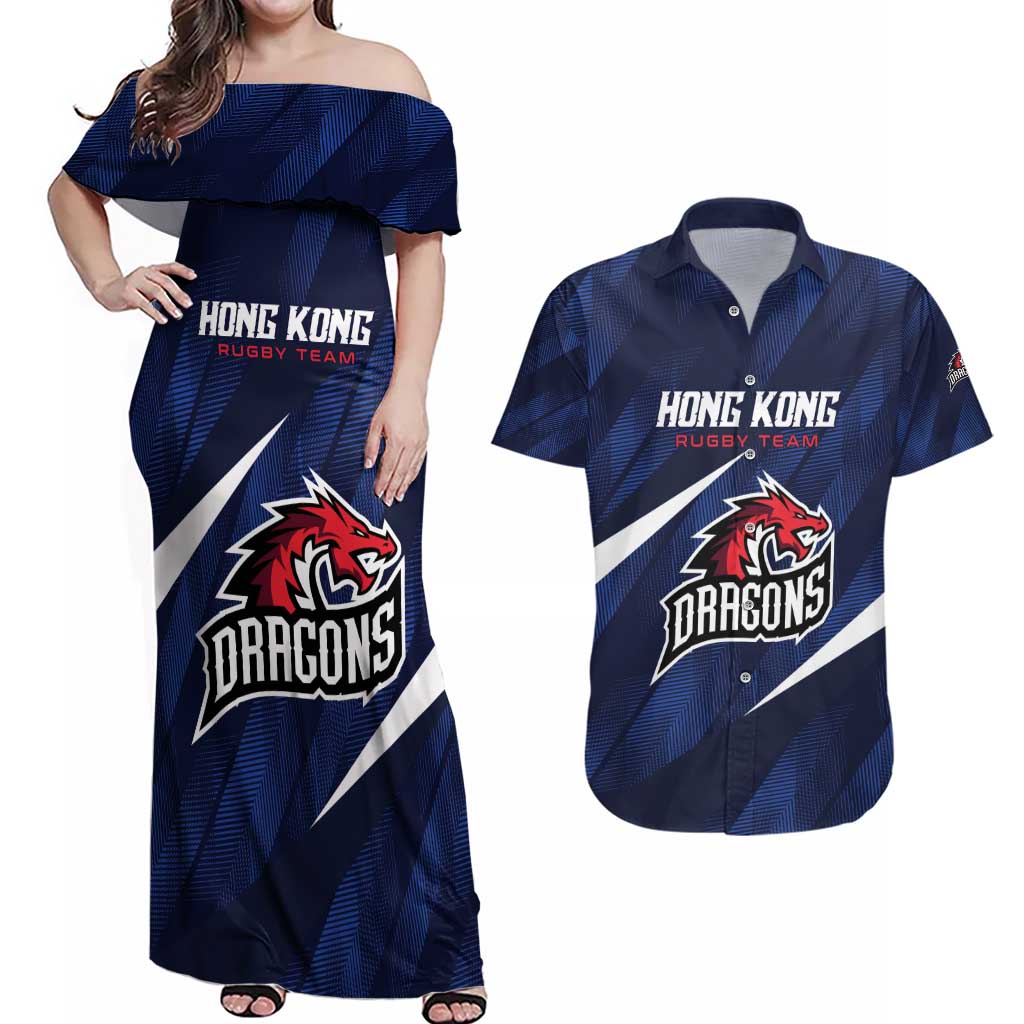 Custom Hong Kong Rugby Couples Matching Off Shoulder Maxi Dress and Hawaiian Shirt Dragons Go Champions