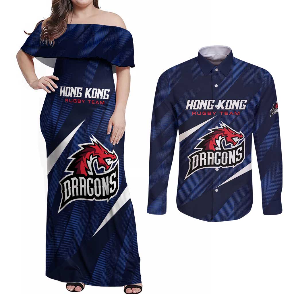 Custom Hong Kong Rugby Couples Matching Off Shoulder Maxi Dress and Long Sleeve Button Shirt Dragons Go Champions