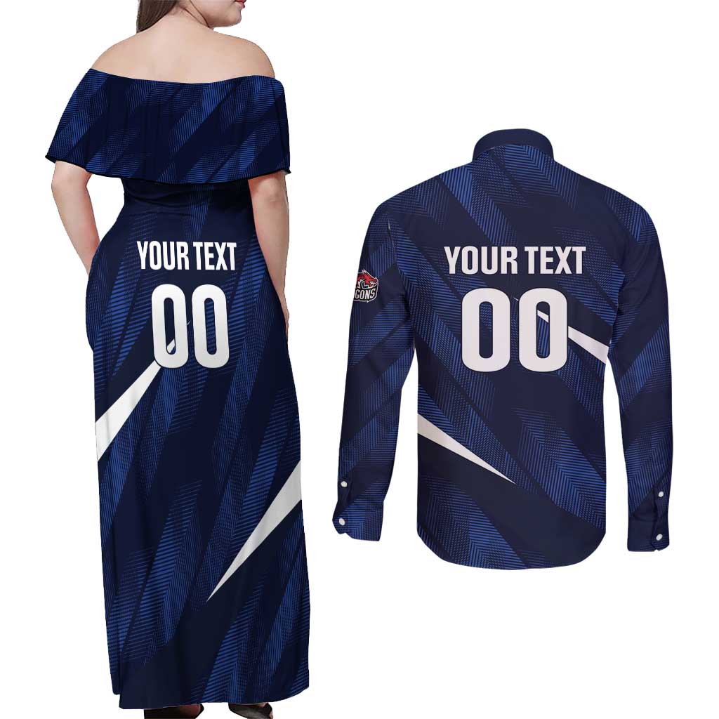 Custom Hong Kong Rugby Couples Matching Off Shoulder Maxi Dress and Long Sleeve Button Shirt Dragons Go Champions