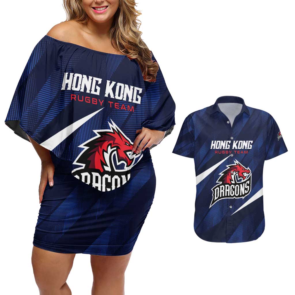 Custom Hong Kong Rugby Couples Matching Off Shoulder Short Dress and Hawaiian Shirt Dragons Go Champions