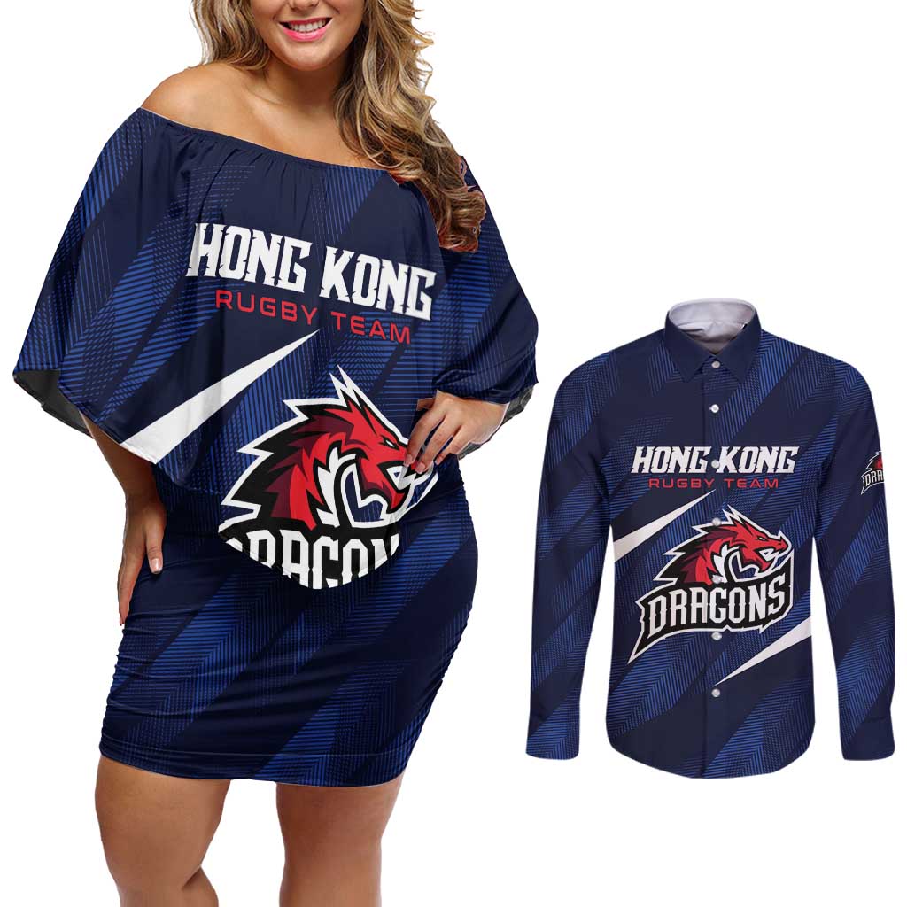 Custom Hong Kong Rugby Couples Matching Off Shoulder Short Dress and Long Sleeve Button Shirt Dragons Go Champions