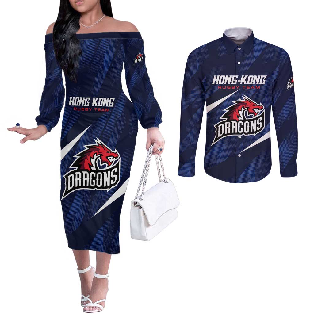 Custom Hong Kong Rugby Couples Matching Off The Shoulder Long Sleeve Dress and Long Sleeve Button Shirt Dragons Go Champions