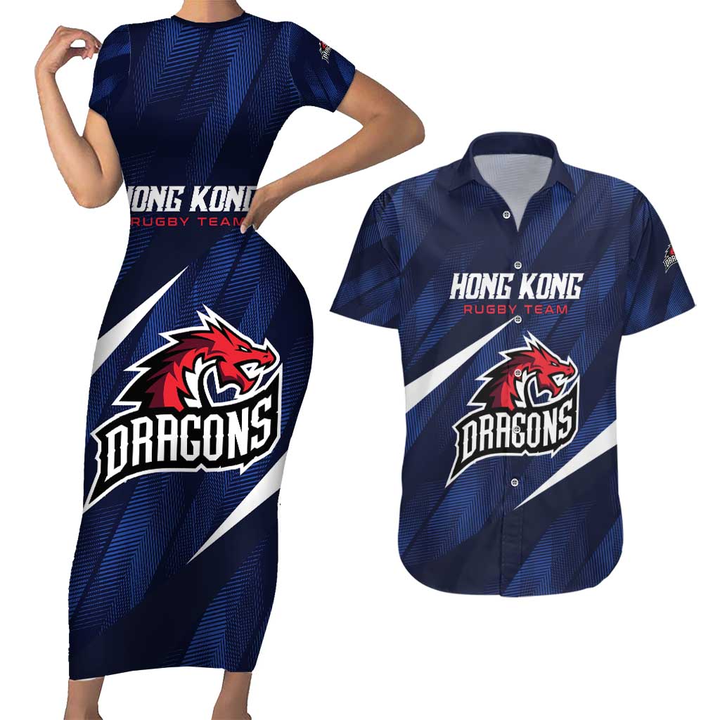 Custom Hong Kong Rugby Couples Matching Short Sleeve Bodycon Dress and Hawaiian Shirt Dragons Go Champions