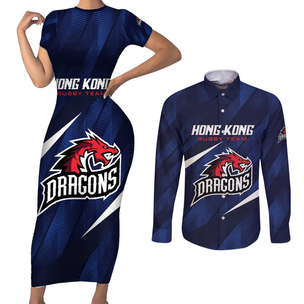 Custom Hong Kong Rugby Couples Matching Short Sleeve Bodycon Dress and Long Sleeve Button Shirt Dragons Go Champions