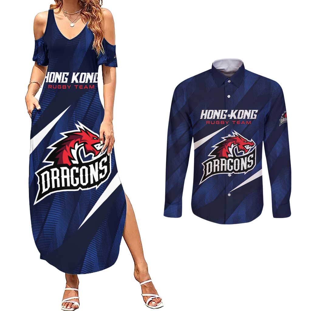 Custom Hong Kong Rugby Couples Matching Summer Maxi Dress and Long Sleeve Button Shirt Dragons Go Champions