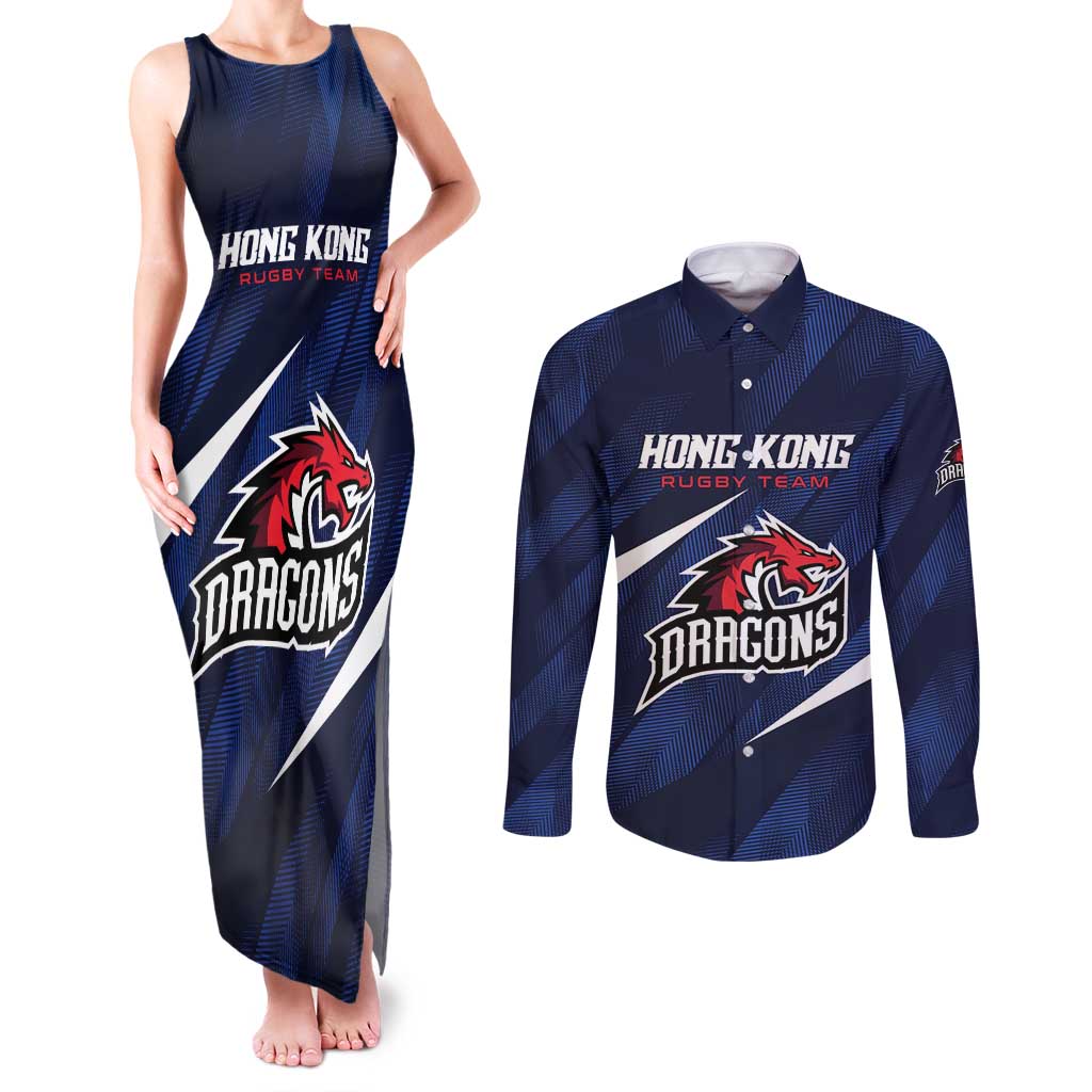 Custom Hong Kong Rugby Couples Matching Tank Maxi Dress and Long Sleeve Button Shirt Dragons Go Champions