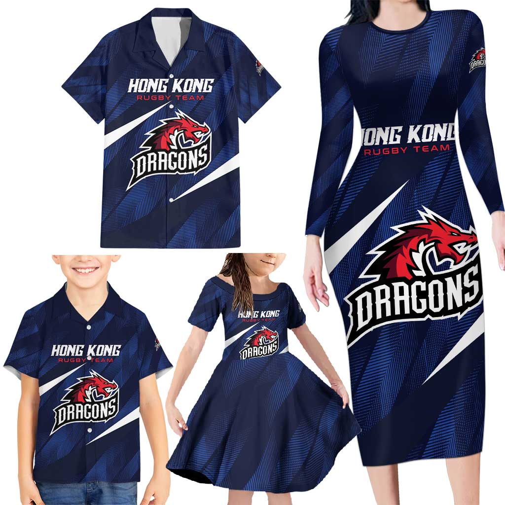 Custom Hong Kong Rugby Family Matching Long Sleeve Bodycon Dress and Hawaiian Shirt Dragons Go Champions