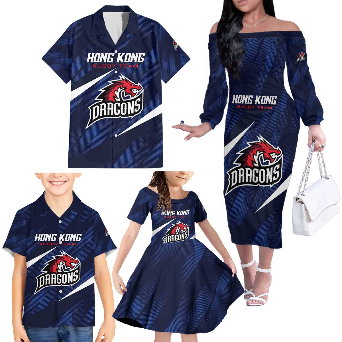 Custom Hong Kong Rugby Family Matching Off The Shoulder Long Sleeve Dress and Hawaiian Shirt Dragons Go Champions