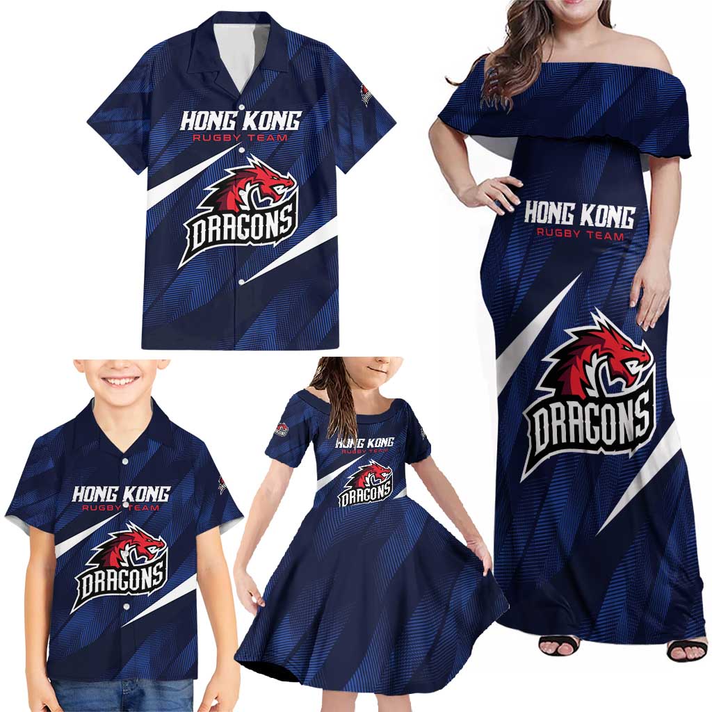 Custom Hong Kong Rugby Family Matching Off Shoulder Maxi Dress and Hawaiian Shirt Dragons Go Champions
