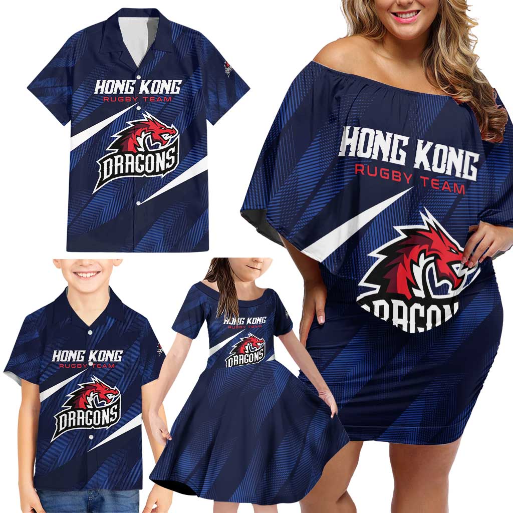 Custom Hong Kong Rugby Family Matching Off Shoulder Short Dress and Hawaiian Shirt Dragons Go Champions
