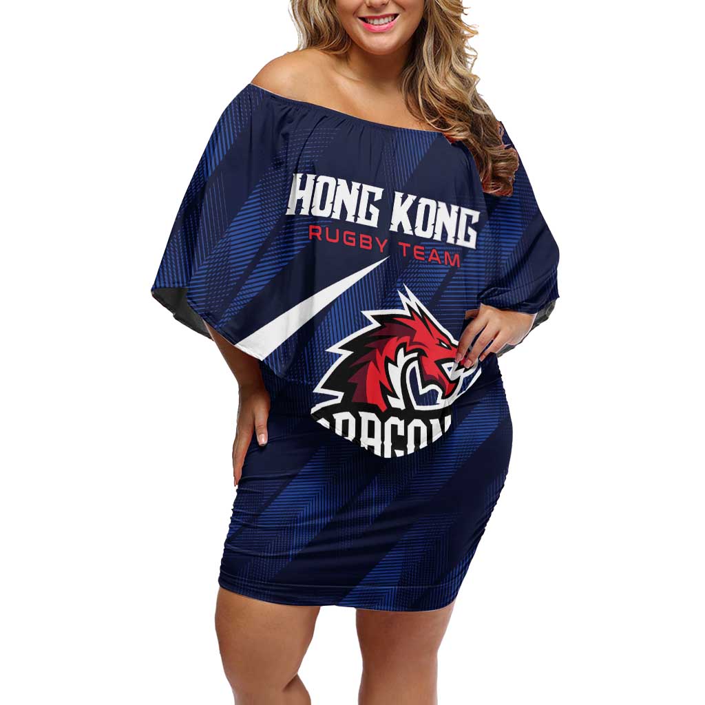 Custom Hong Kong Rugby Family Matching Off Shoulder Short Dress and Hawaiian Shirt Dragons Go Champions
