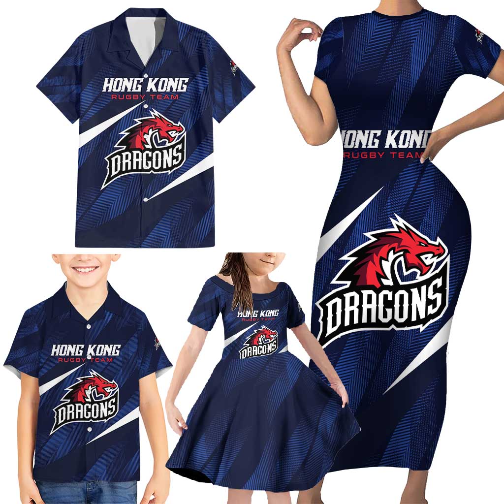 Custom Hong Kong Rugby Family Matching Short Sleeve Bodycon Dress and Hawaiian Shirt Dragons Go Champions