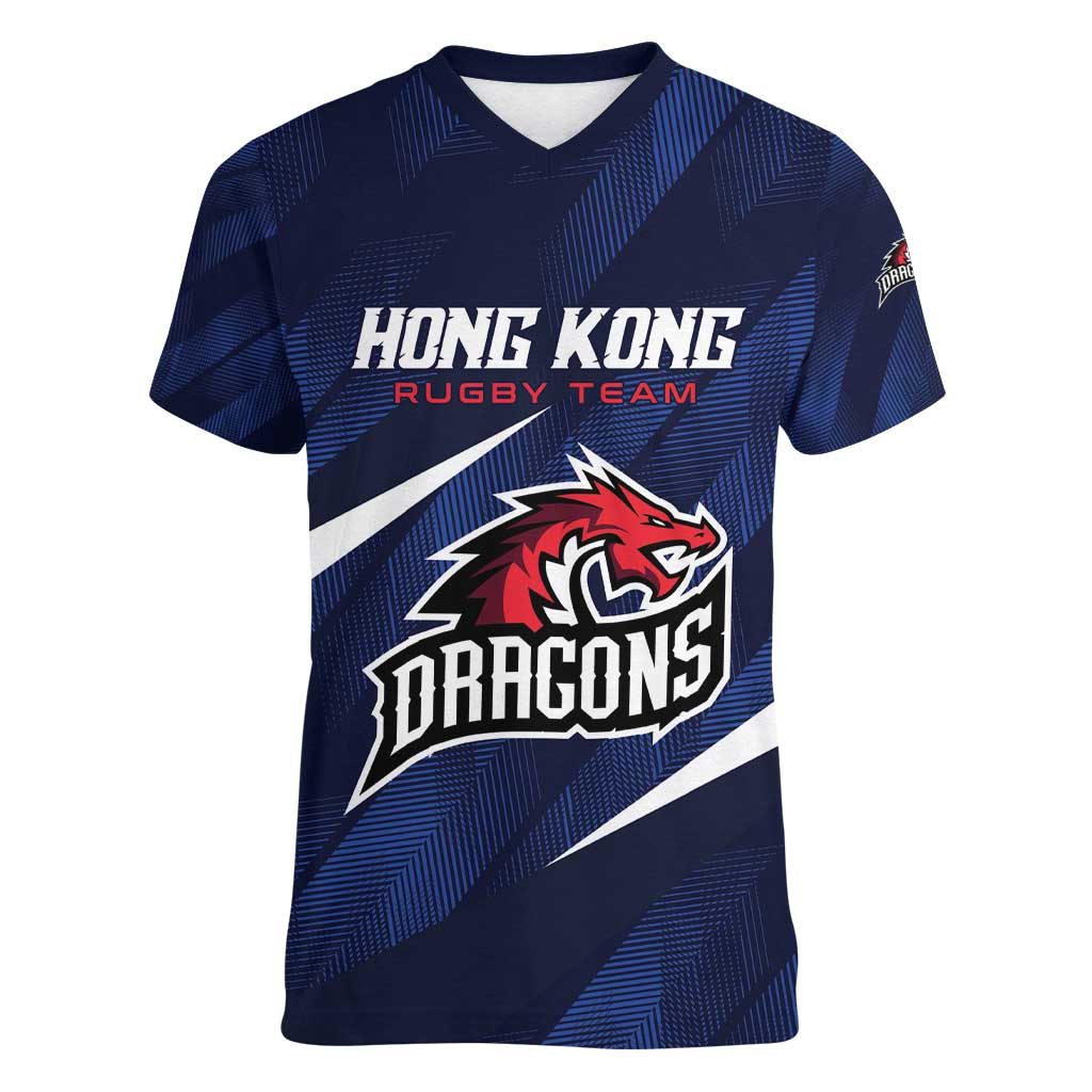 Custom Hong Kong Rugby Women V-Neck T-Shirt Dragons Go Champions