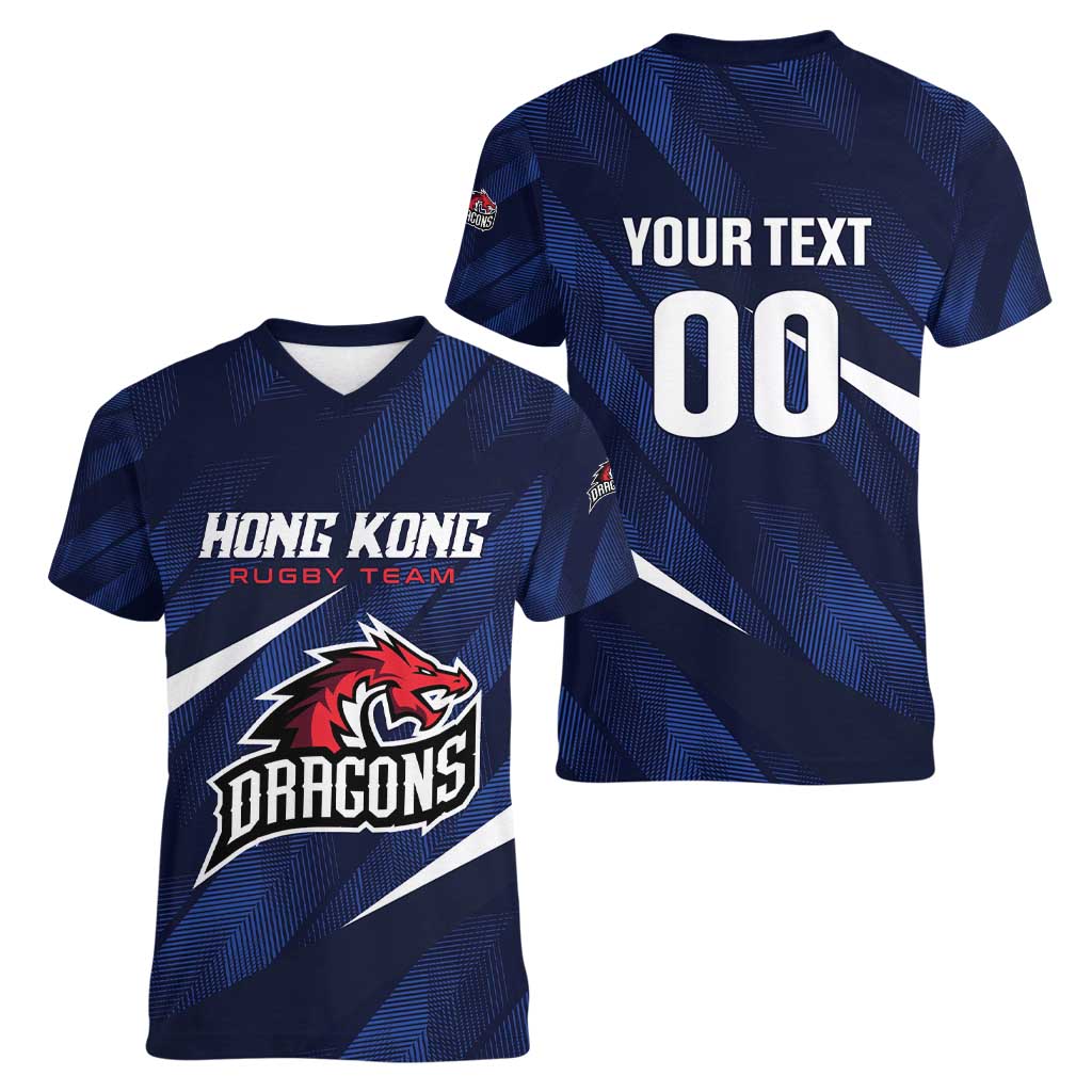 Custom Hong Kong Rugby Women V-Neck T-Shirt Dragons Go Champions