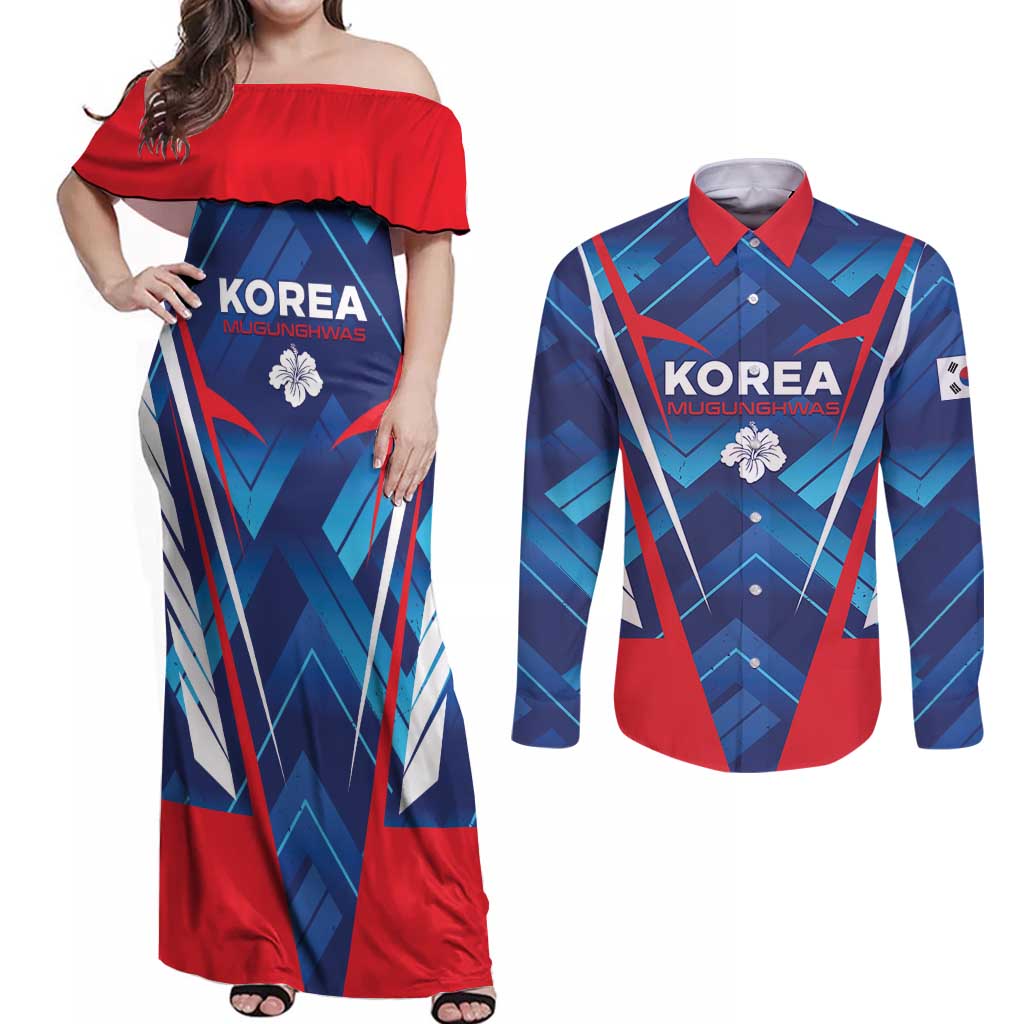Custom Korea Rugby Couples Matching Off Shoulder Maxi Dress and Long Sleeve Button Shirt Mugunghwas Go Champions