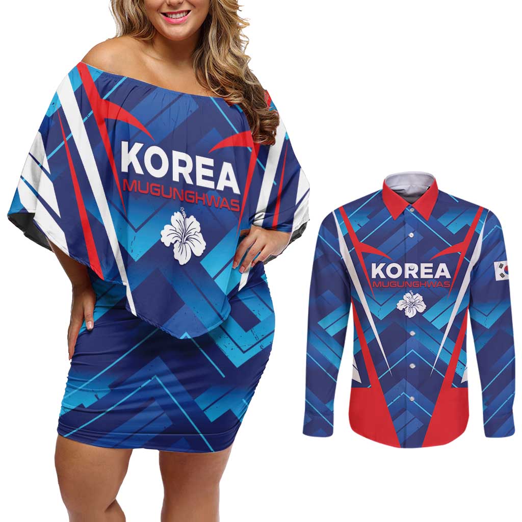 Custom Korea Rugby Couples Matching Off Shoulder Short Dress and Long Sleeve Button Shirt Mugunghwas Go Champions