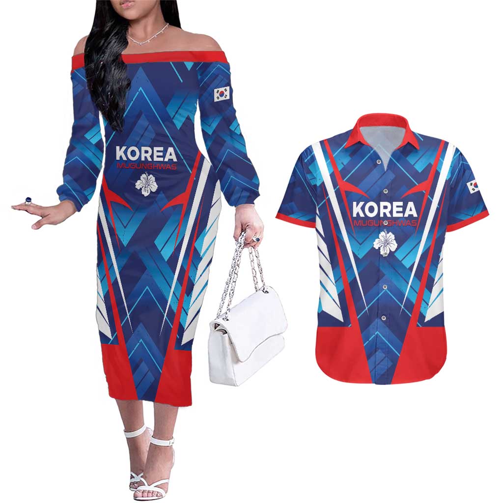 Custom Korea Rugby Couples Matching Off The Shoulder Long Sleeve Dress and Hawaiian Shirt Mugunghwas Go Champions