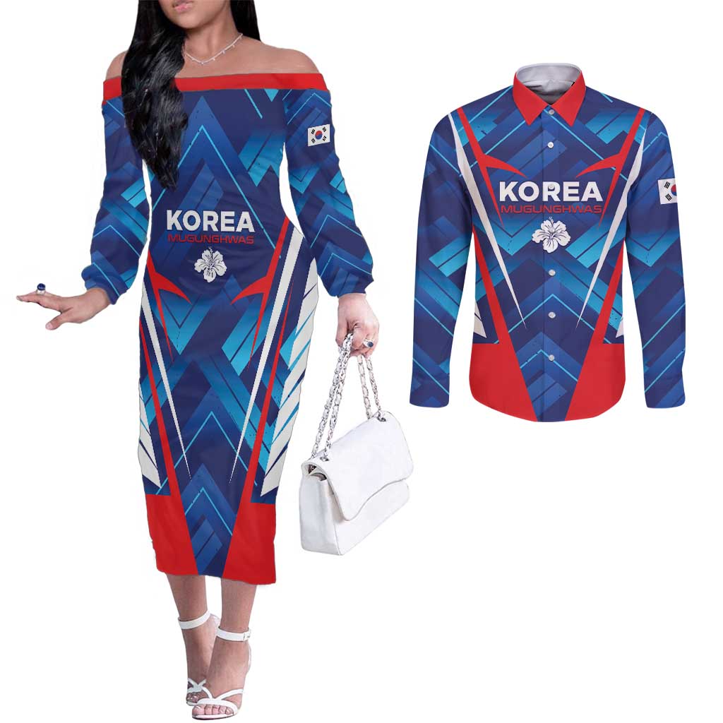 Custom Korea Rugby Couples Matching Off The Shoulder Long Sleeve Dress and Long Sleeve Button Shirt Mugunghwas Go Champions