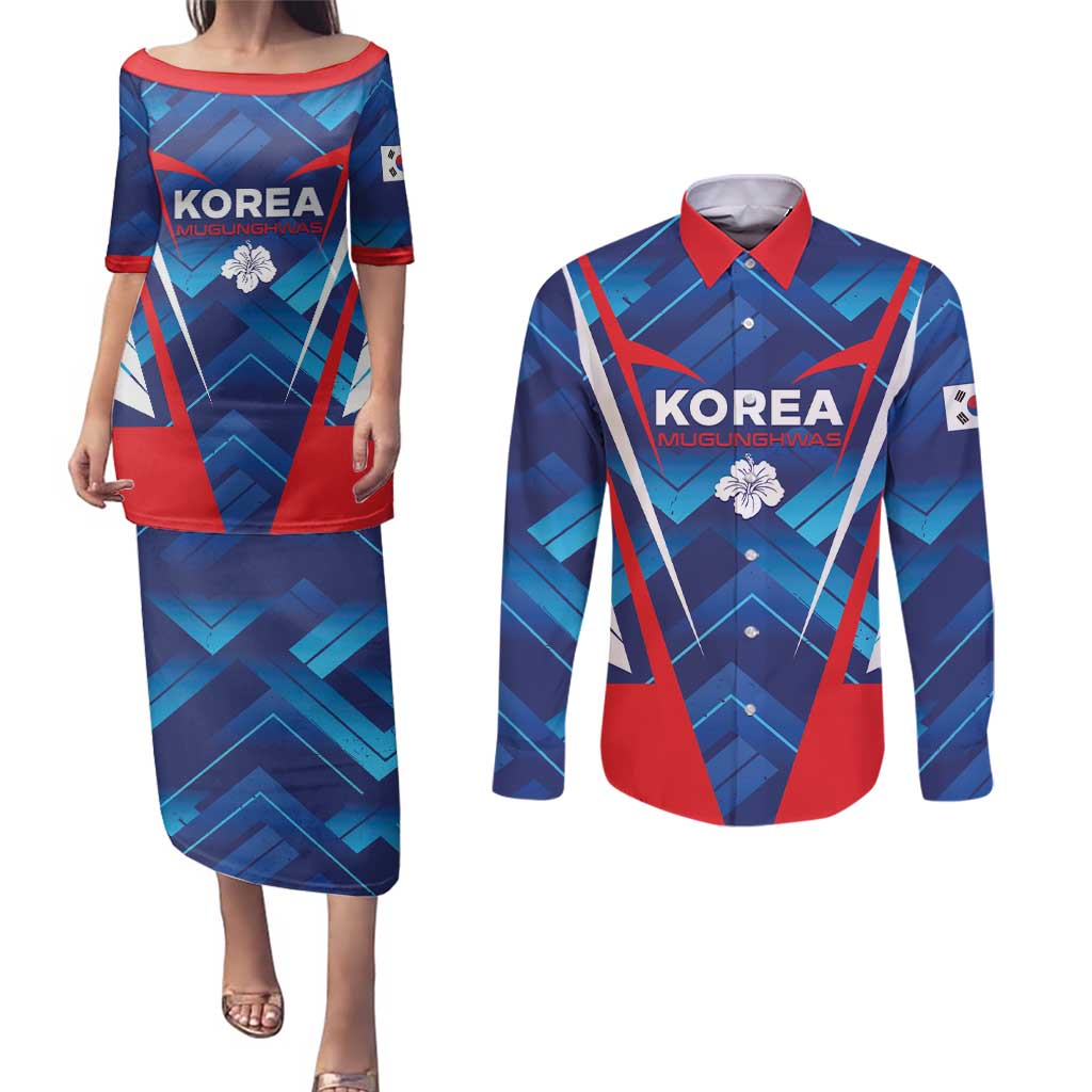 Custom Korea Rugby Couples Matching Puletasi and Long Sleeve Button Shirt Mugunghwas Go Champions
