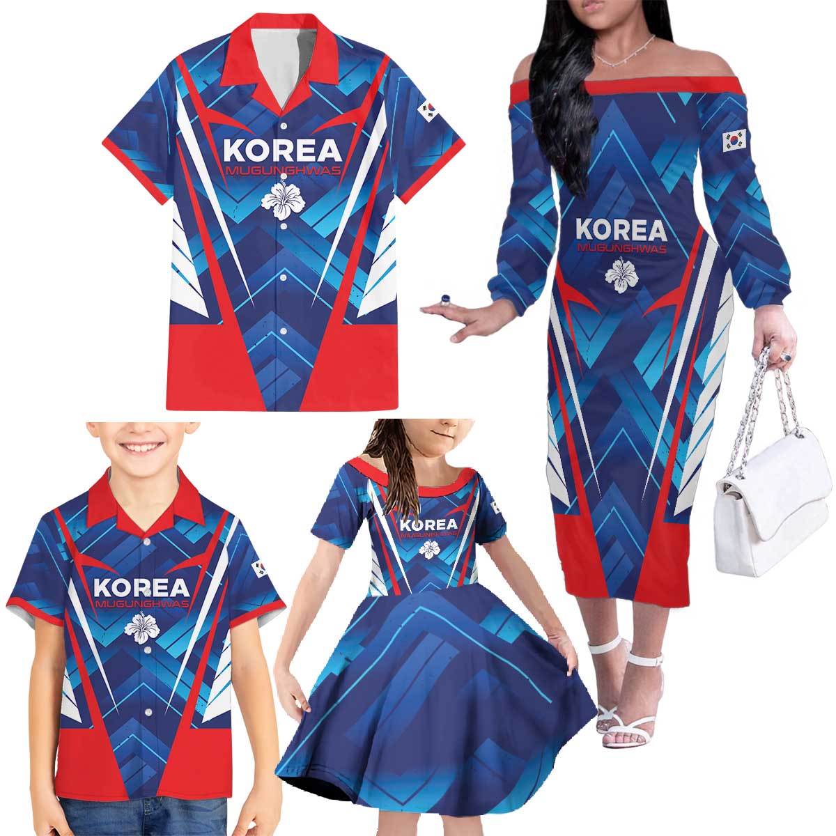 Custom Korea Rugby Family Matching Off The Shoulder Long Sleeve Dress and Hawaiian Shirt Mugunghwas Go Champions