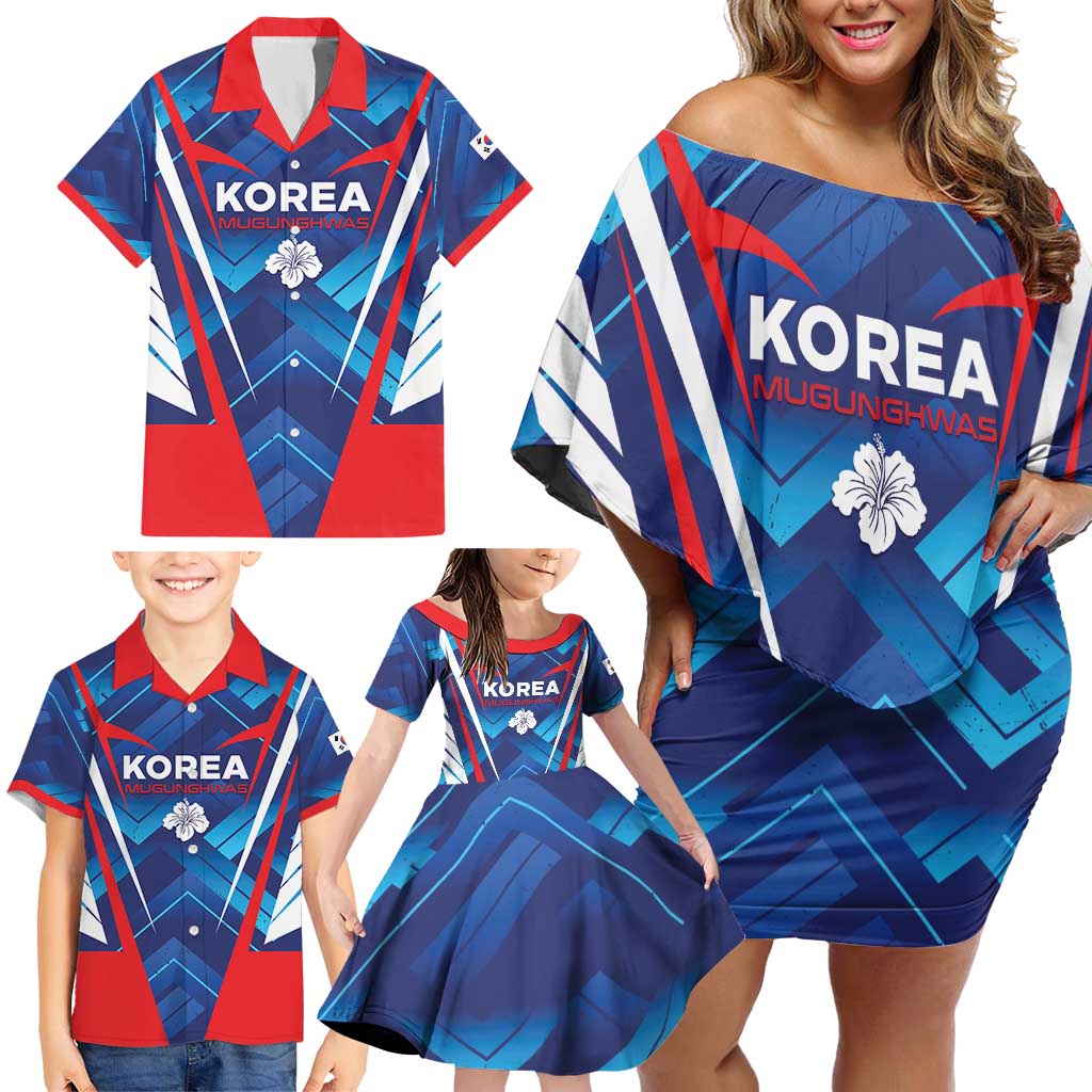 Custom Korea Rugby Family Matching Off Shoulder Short Dress and Hawaiian Shirt Mugunghwas Go Champions