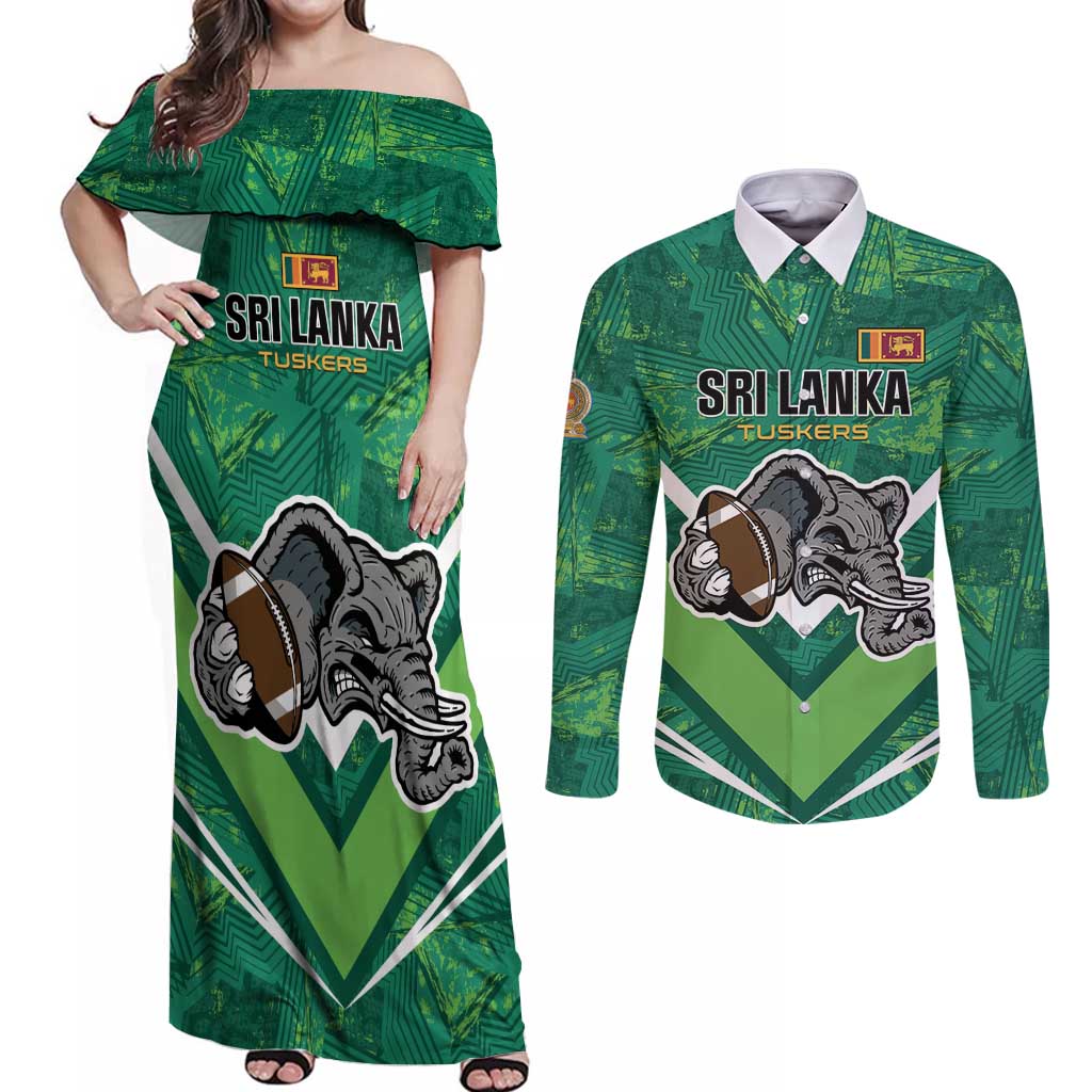 Custom Sri Lanka Rugby Couples Matching Off Shoulder Maxi Dress and Long Sleeve Button Shirt Tuskers Go Champions