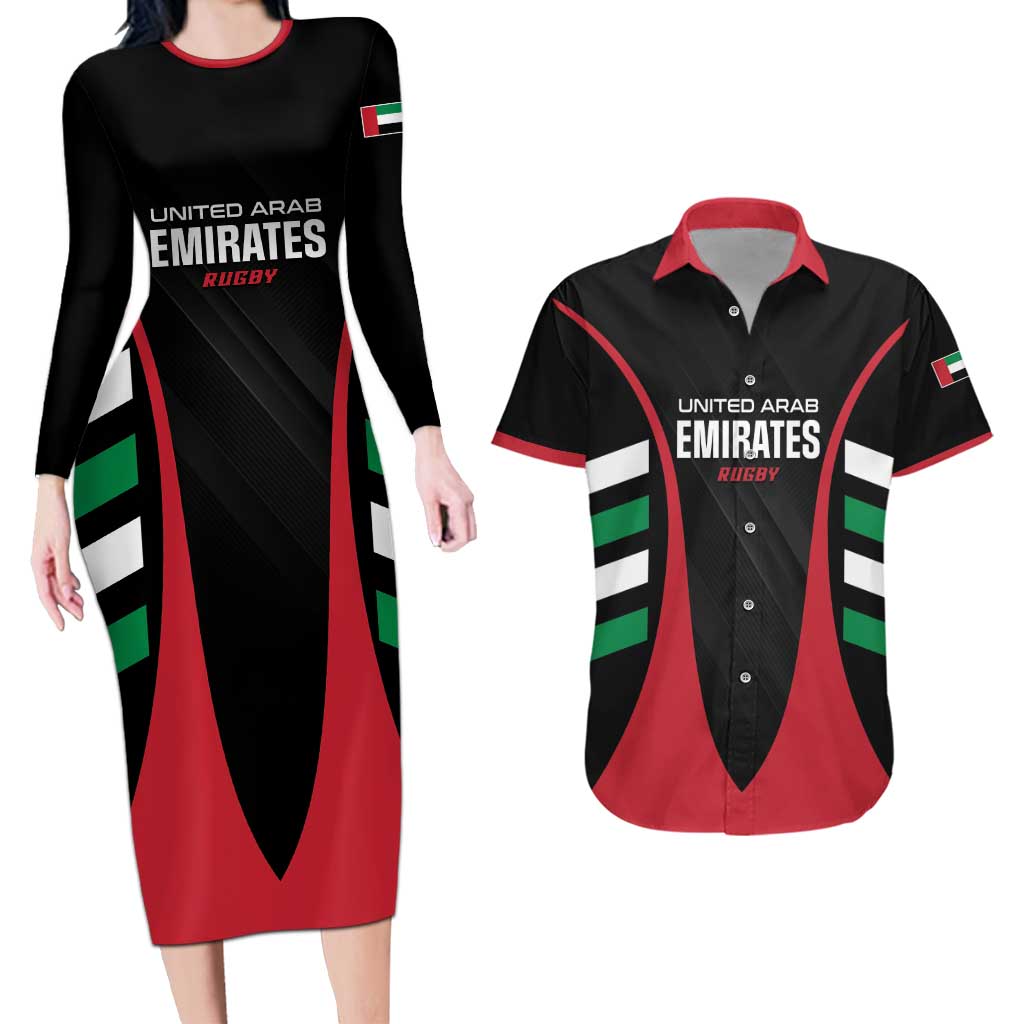 Custom United Arab Emirates Rugby Couples Matching Long Sleeve Bodycon Dress and Hawaiian Shirt UAE Go Champions